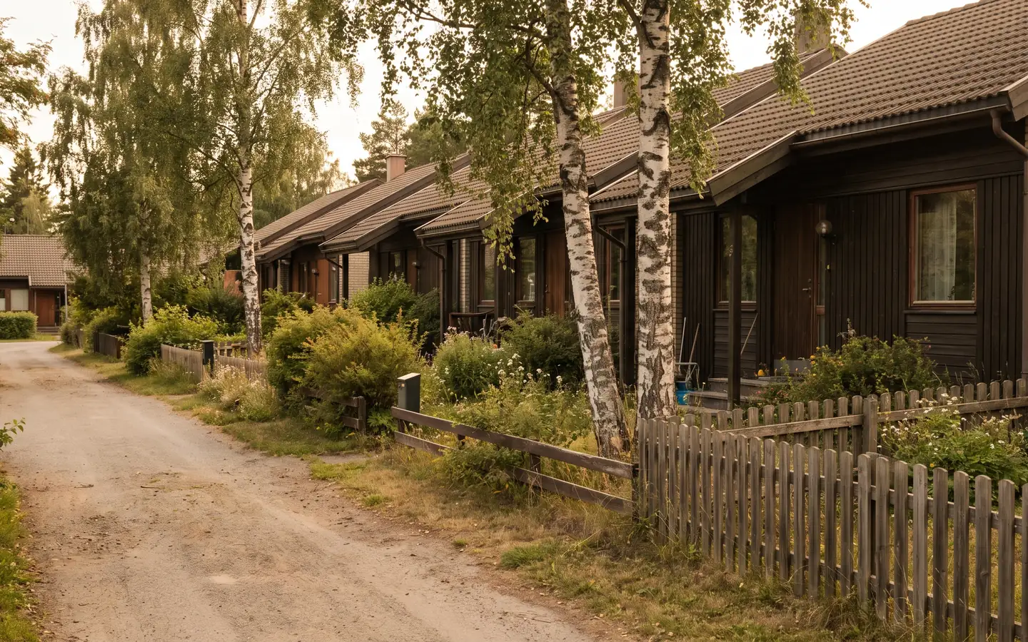 Rekkehus fra 1970-tallet med små hager og bjørketrær langs en grusvei