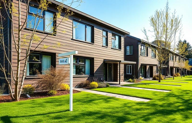 Bolig til salgs i Lillestrøm med for sale-skilt foran huset på en vakker vårdag